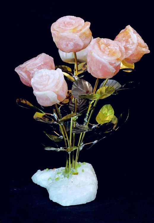 Half Dozen Rose Quartz Stone Roses by John Foster - search and link Sculpture with SculptSite.com